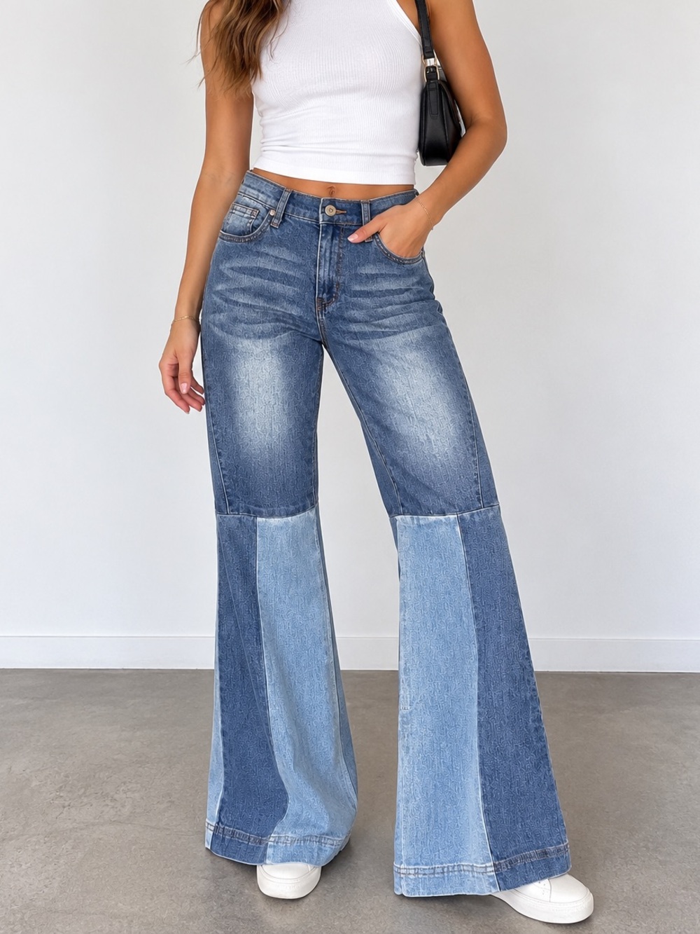 VENUS Patchwork Two Tone Flare Jeans High Rise Wide Leg Denim. Size 6
